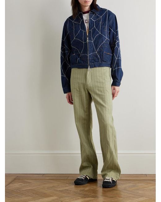 Kapital Green Gibson Straight-Leg Striped Linen And Cotton-Blend Twill Trousers for men