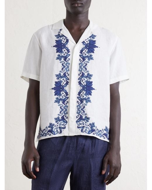 Orlebar Brown Blue Maitan Mirabello Camp-collar Printed Linen Shirt for men