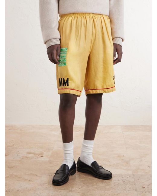 Paly Hollywood Yellow Montauk Embroidered Printed Corduroy-linen Shorts for men