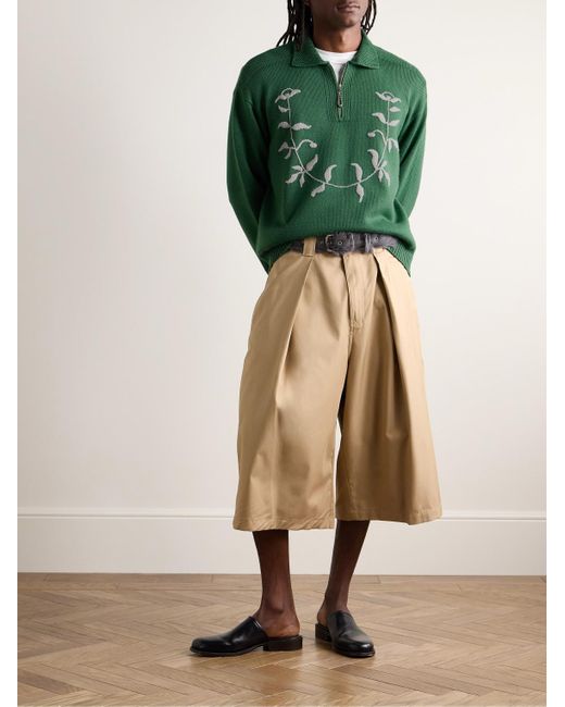 Pullover in lana con ricamo e mezza zip Floret di Bode in Green da Uomo