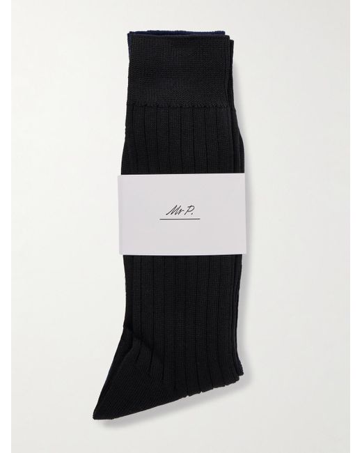 Mr P. Black Three-Pack Ribbed Cotton-Blend Socks for men