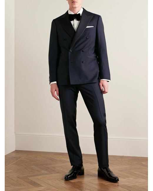 Canali Blue Slim-fit Double-breasted Satin-trimmed Wool Tuxedo Jacket for men