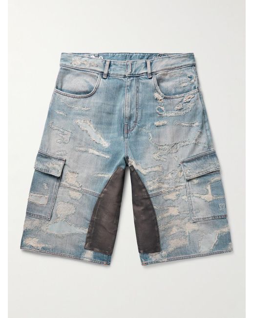 Givenchy Blue Straight-leg Moleskin-trimmed Distressed Denim Cargo Shorts for men