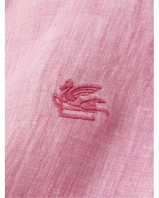 Camicia slim-fit in lino con logo ricamato di Etro in Pink da Uomo