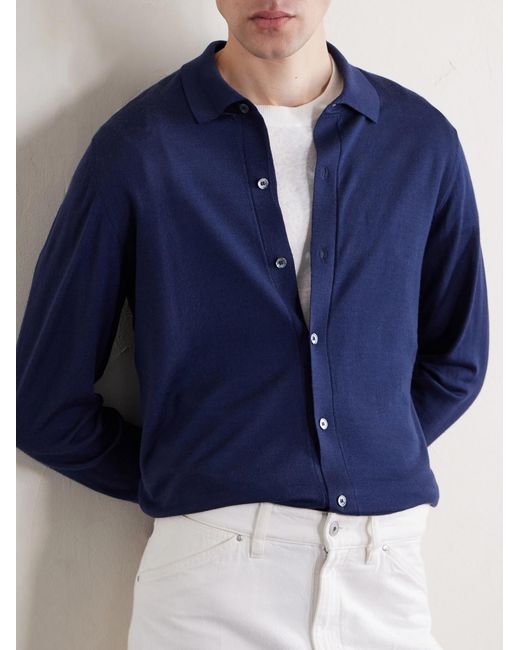 Fedeli Blue Knitted Wool Polo Shirt for men