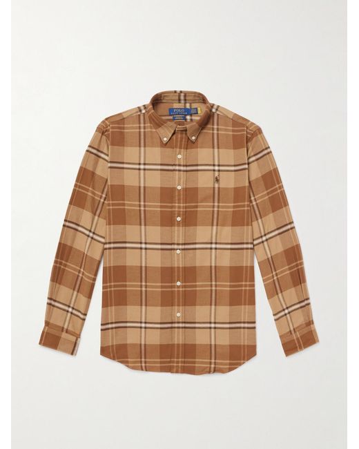 Polo Ralph Lauren Brown Button-Down Collar Logo-Embroidered Checked Cotton-Blend Twill Shirt for men