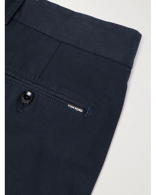 Tom Ford Blue Straight-Leg Pleated Stretch-Cotton Twill Shorts for men