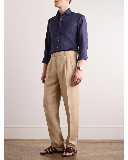 Thom Sweeney Blue Cutaway-collar Linen-chambray Shirt for men