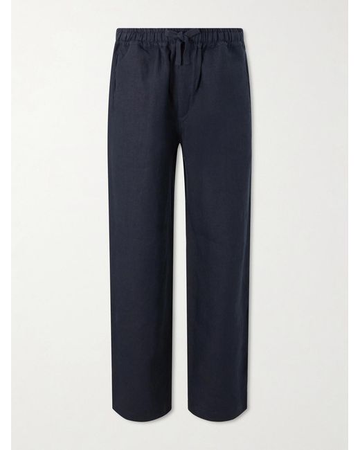 Saman Amel Blue Straight-Leg Linen Trousers for men
