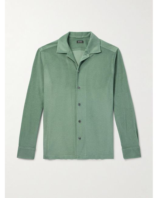 Zegna Green Camp-collar Cotton And Silk-blend Terry Shirt for men