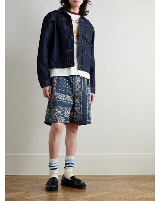 Kapital Blue Straight-Leg Belted Bandana-Print Patchwork Cotton-Twill Shorts for men
