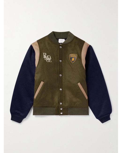 Rhude Green Lamborghini Embroidered Wool-Blend Flannel Varsity Jacket for men