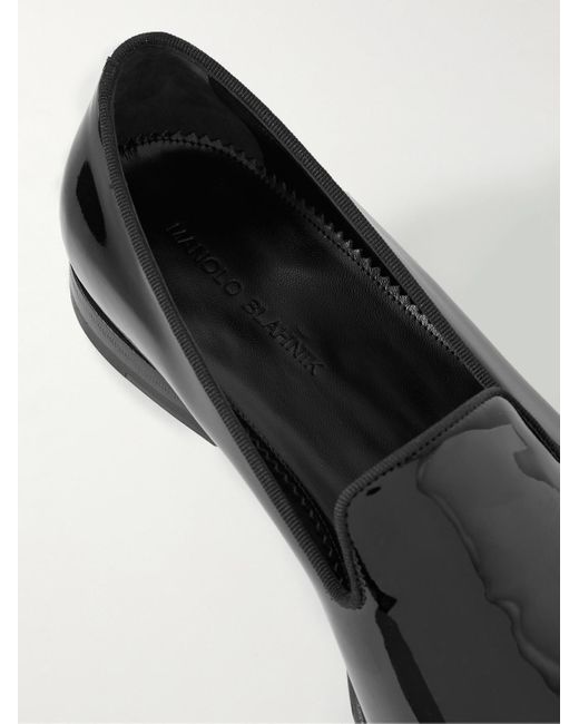 Manolo Blahnik Black Mario Grosgrain-Trimmed Patent-Leather Loafers for men