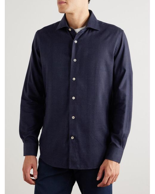 Eleventy Blue Slim-Fit Herringbone Cotton And Lyocell-Blend Shirt for men