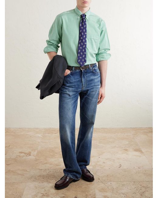 Drake's Green Button-Down Collar Striped Cotton-Poplin Shirt for men
