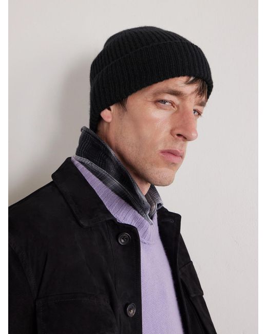 William Lockie Black Ribbed Cashmere Beanie for men