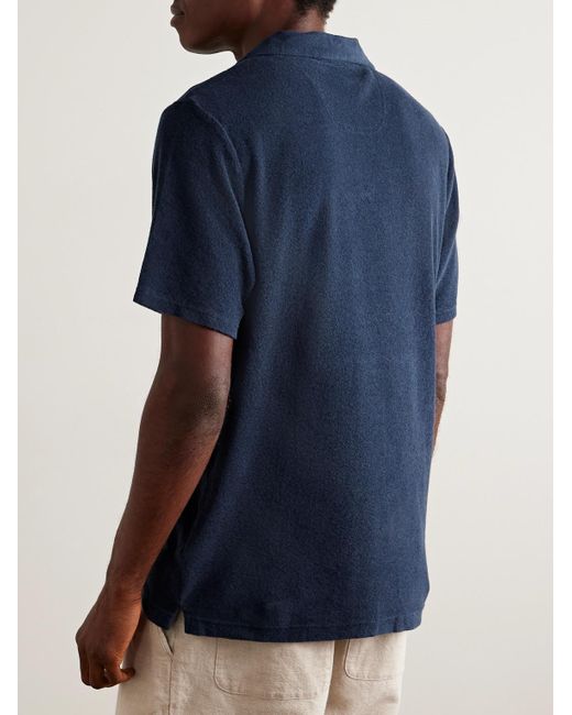Frescobol Carioca Blue Faustino Camp-Collar Cotton, Lyocell And Linen-Blend Terry Polo Shirt for men