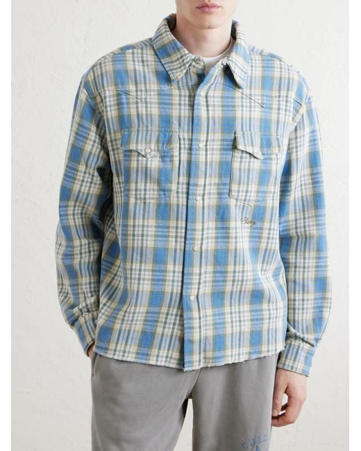 CHERRY LA Blue Checked Cotton Western Shirt for men