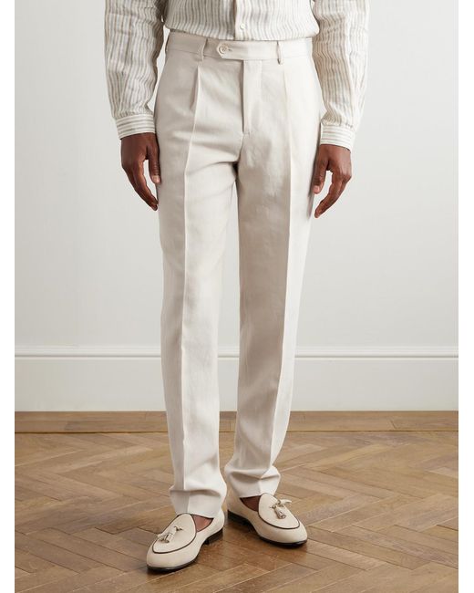Brunello Cucinelli White Slim-fit Straight-leg Pleated Linen Suit Trousers for men