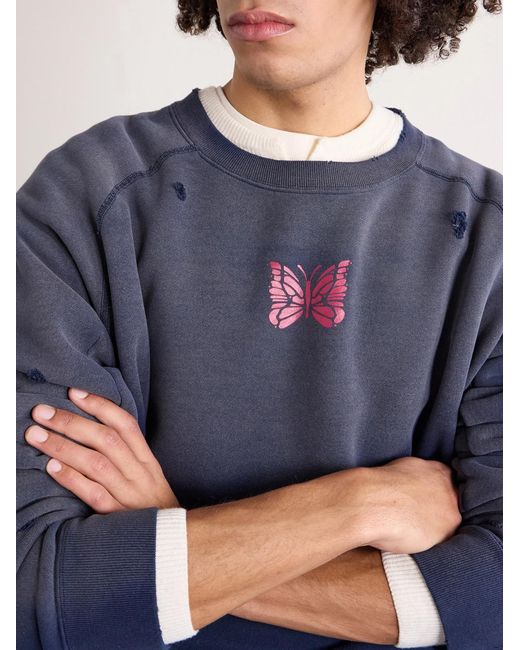 Needles Blue Logo-print Distressed Cotton-jersey Sweatshirt for men