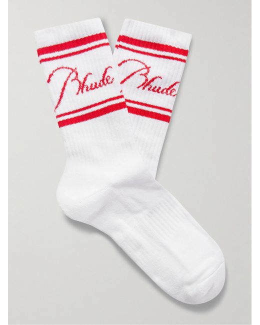 Rhude White Ribbed Logo-jacquard Cotton-blend Socks for men