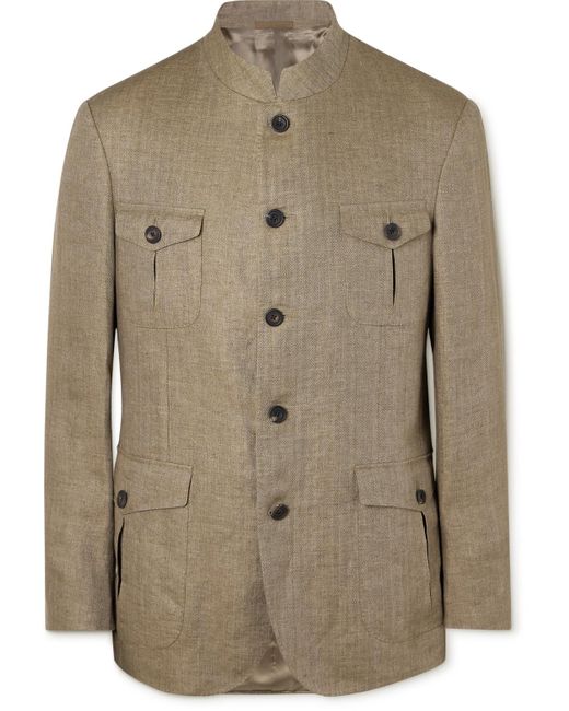 Kingsman Natural Argylle Nehru-collar Herringbone Linen Jacket for men