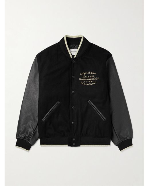 Thisisneverthat Black Ultras Logo-Embroidered Wool-Blend Felt And Full-Grain Leather Varsity Jacket for men