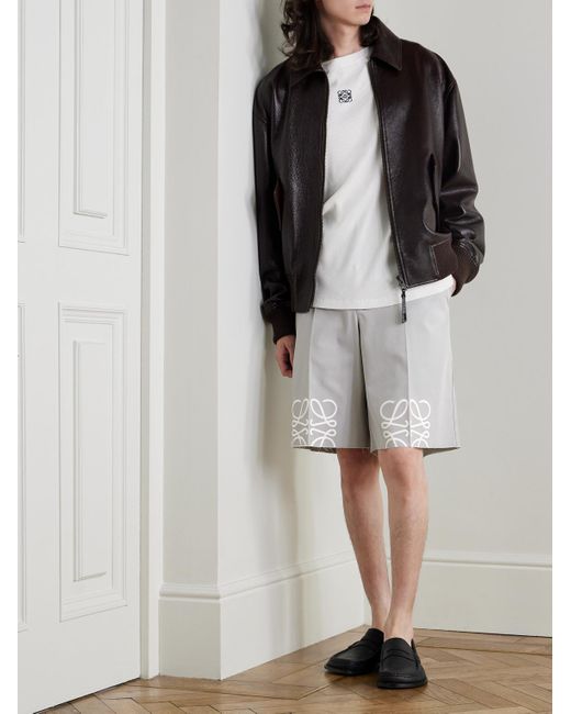 Loewe Gray Straight-Leg Logo-Print Distressed Cotton-Twill Shorts for men