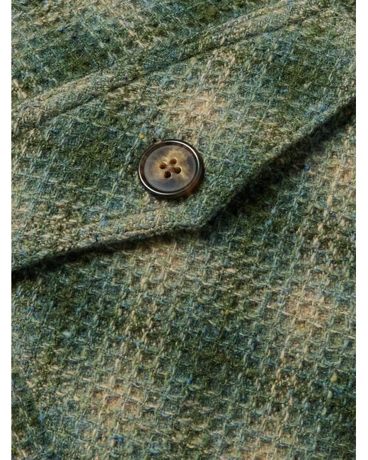 Portuguese Flannel Green Waffle-Knit Checked Wool Overshirt for men