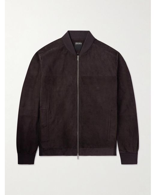 Zegna Black Leather-trimmed Suede Bomber Jacket for men