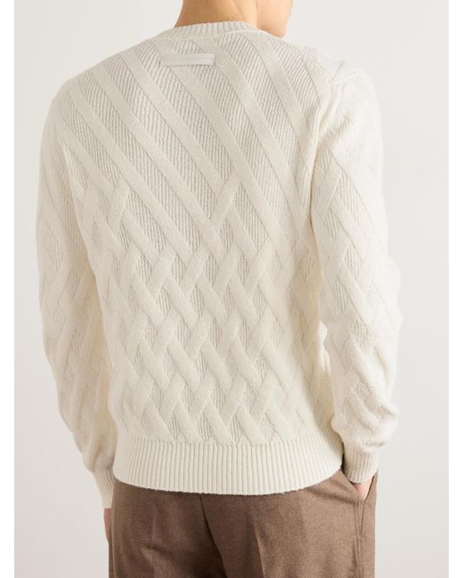 Zegna White Logo-Appliquéd Leather-Trimmed Basketweave Cotton Sweater for men