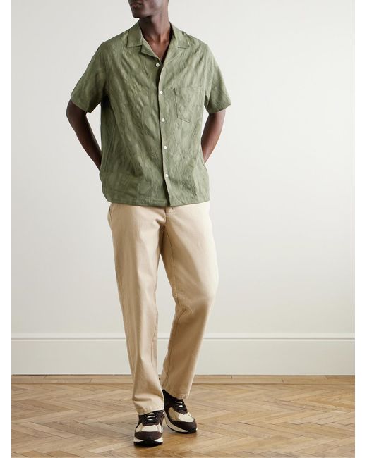 Portuguese Flannel Green Convertible-Collar Paisley-Jacquard Cotton Shirt for men