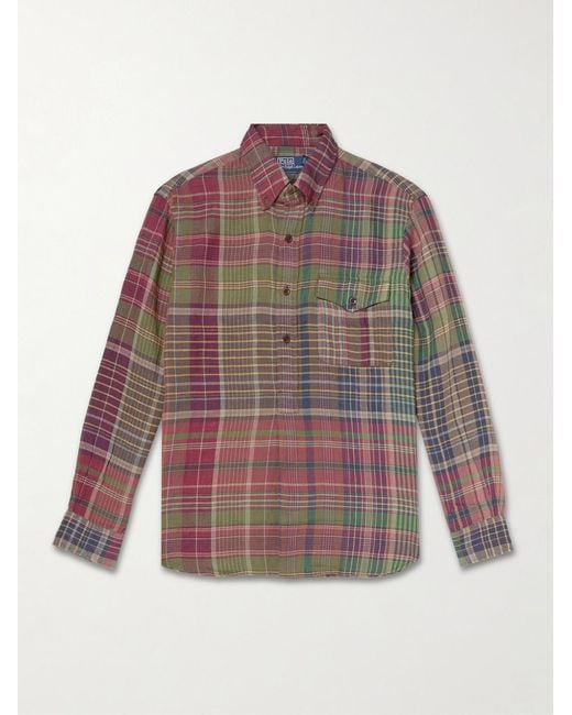 Polo Ralph Lauren Red Button-Down Collar Checked Linen Shirt for men