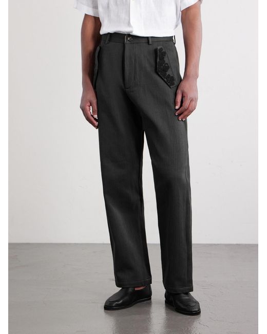 Kartik Research Black Straight-Leg Embroidered Cotton-Twill Trousers for men