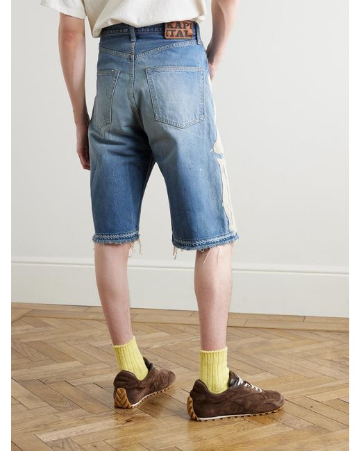 Kapital Blue Straight-Leg Appliquéd Distressed Denim Shorts for men