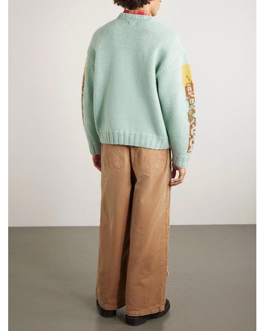 Kapital Blue Peckish Totem Pole Intarsia Wool Sweater for men