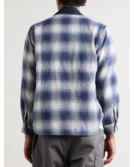 Remi Relief Blue Corduroy-Trimmed Checked Cotton-Flannel Shirt for men