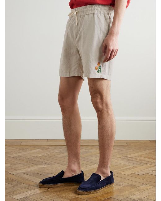 Portuguese Flannel Natural Spring Straight-leg Embroidered Linen And Cotton-blend Shorts for men