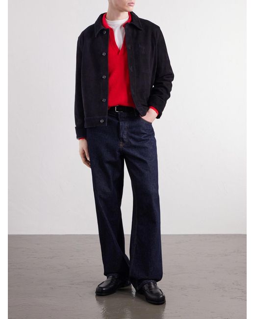 AMI Blue Logo-Embossed Suede Jacket for men