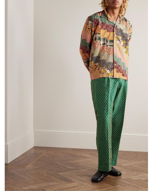 Bode Multicolor Diagonal Square Convertible-Collar Patchwork Cotton-Poplin Shirt for men