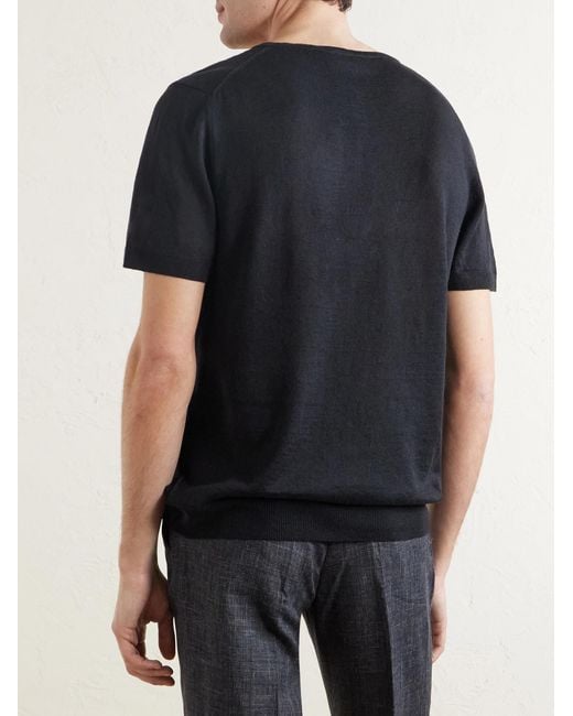 Mr P. Black Pointelle-Knit Linen And Cotton-Blend Henley T-Shirt for men