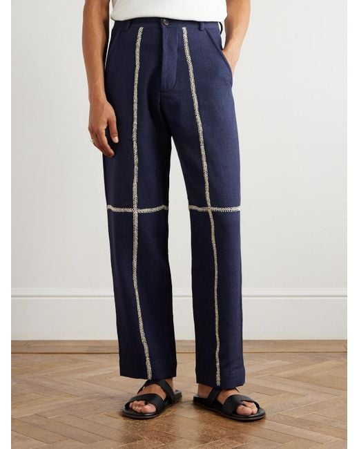 Kartik Research Blue Rabari Straight-Leg Embroidered Textured-Wool Trousers for men