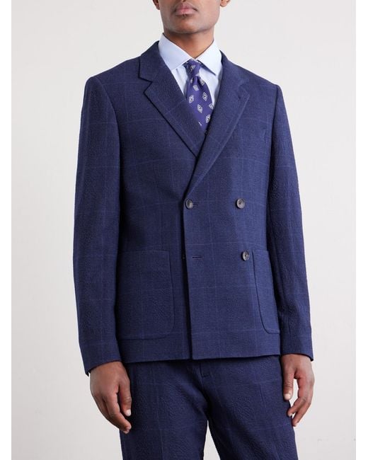 Mr P. Blue Double-Breasted Checked Wool-Blend Suit Jacket for men