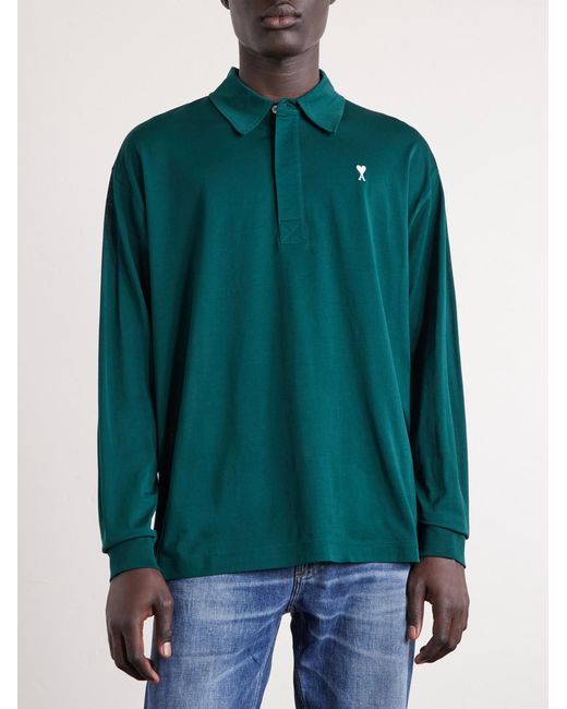 AMI Green Logo-Embroidered Cotton-Jersey Shirt for men