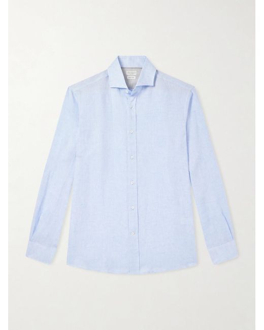 Brunello Cucinelli Blue Cutaway-collar Linen Shirt for men