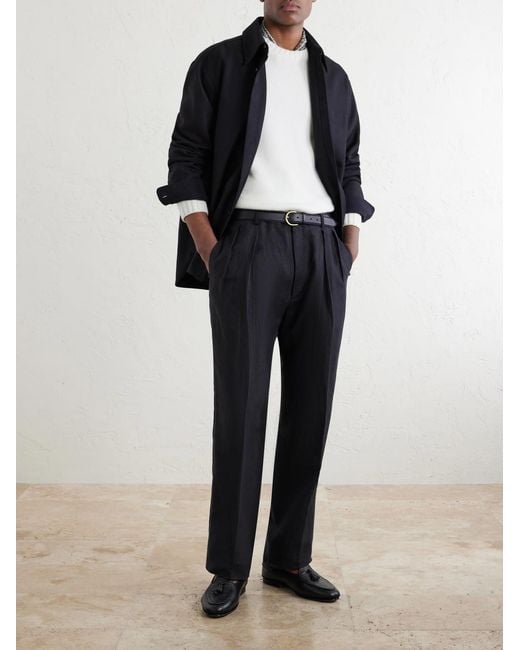 Ralph Lauren Blue Straight-Leg Pleated Silk And Linen-Blend Trousers for men