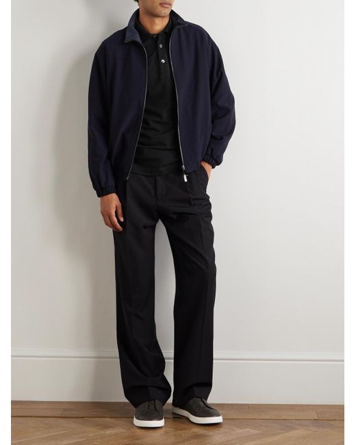 Zegna Black Leather-Trimmed Cotton-Piqué Polo Shirt for men