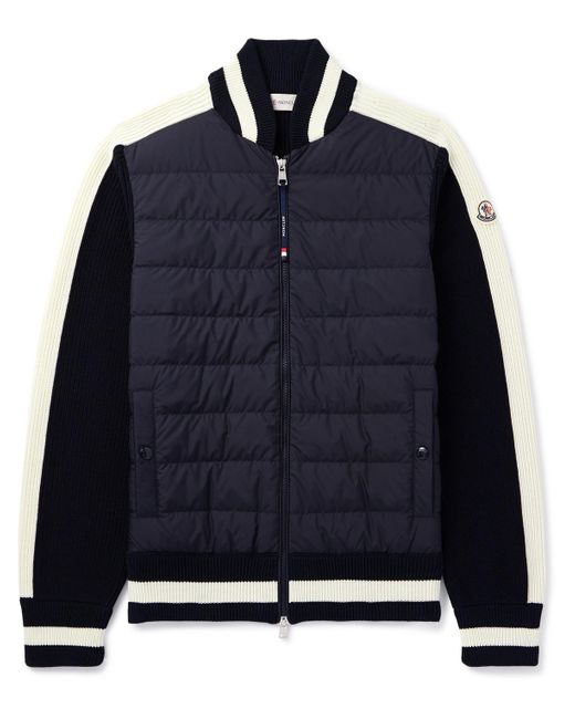 Moncler Blue Slim-fit Logo-appliquéd Striped Ribbed Cotton And Quilted Shell Down Cardigan for men