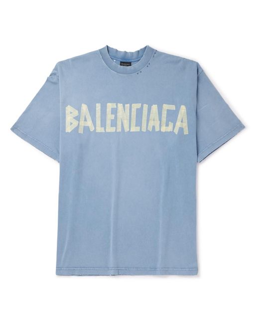 Balenciaga Blue Oversized Distressed Logo-print Cotton-jersey T-shirt for men