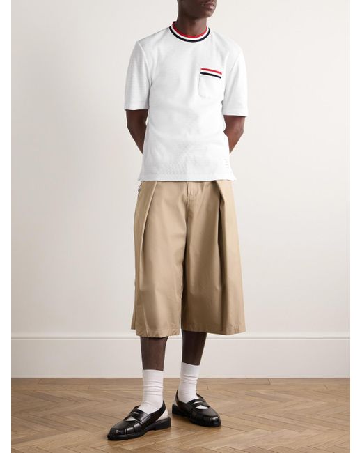 Thom Browne White Logo-Appliquéd Striped Pointelle-Knit Cotton T-Shirt for men